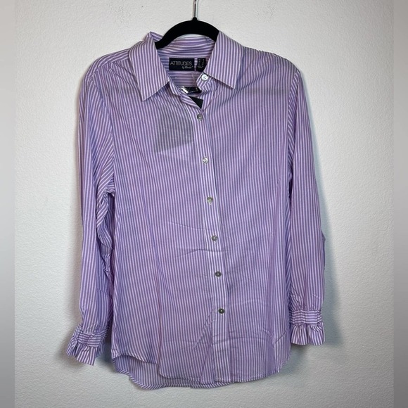 NWT - Attitudes Renee Split Sleeve Button Front Woven Top Lavender Stripe - Picture 1 of 4